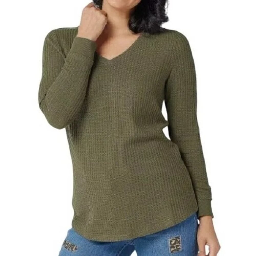 Belle by Kim Gravel Waffle Knit V Neck Top Smile Hem Womens XS Olive Green NEW